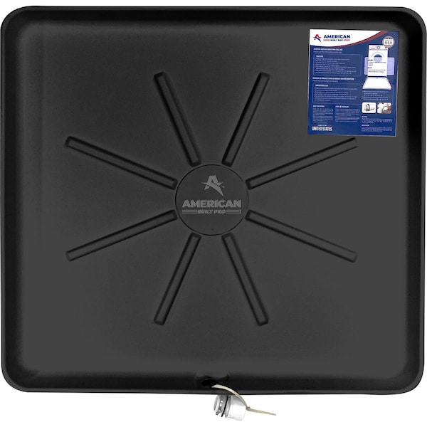 American Built Pro Washing Machine Pan, 30 in x 28 in, Durable HDPE Plastic, Black, Predrilled w Drain Hose Adapter WMSP-B1Drl - main